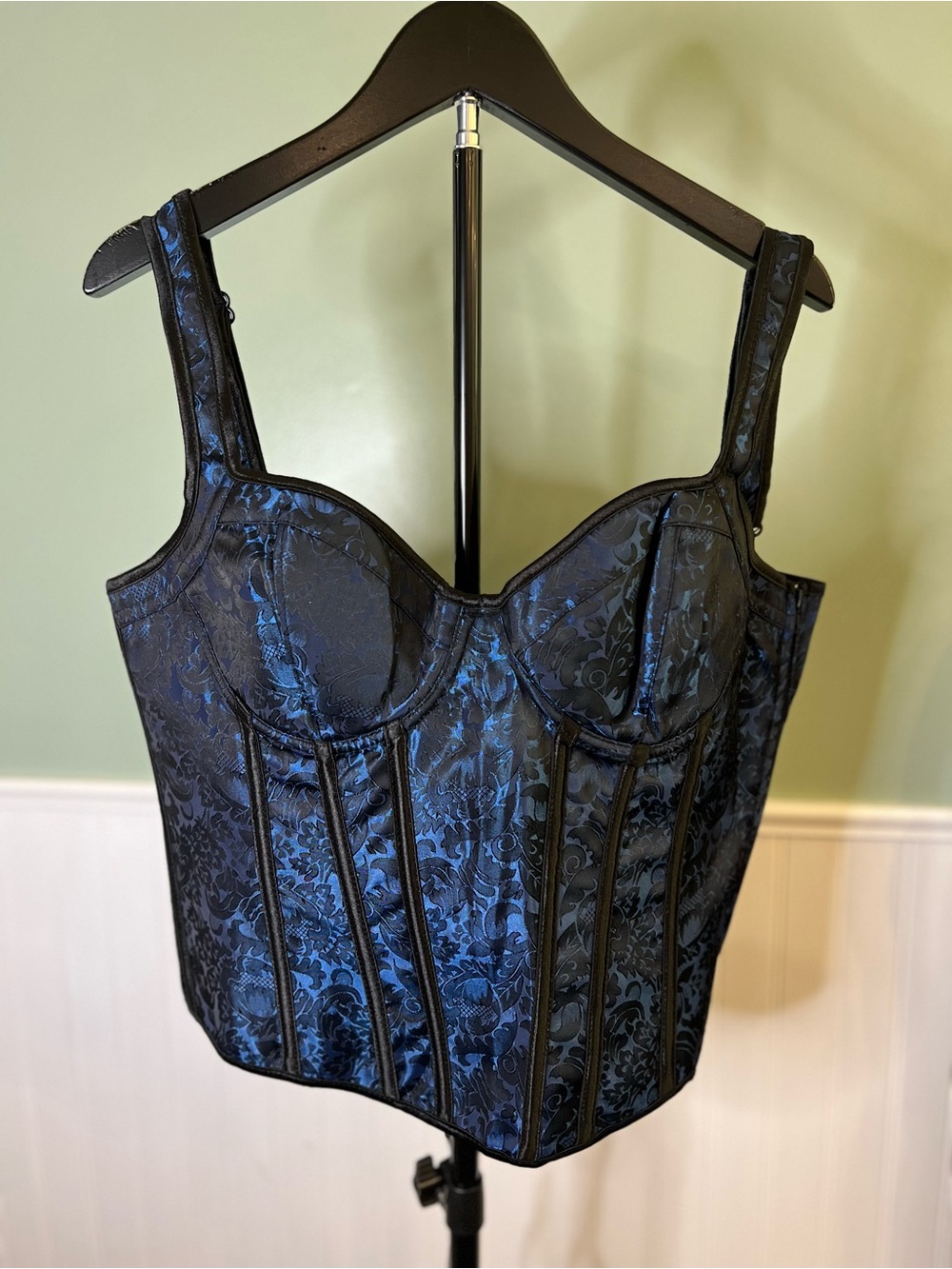Blue Floral Jacquard Longline Corset Bustier Top